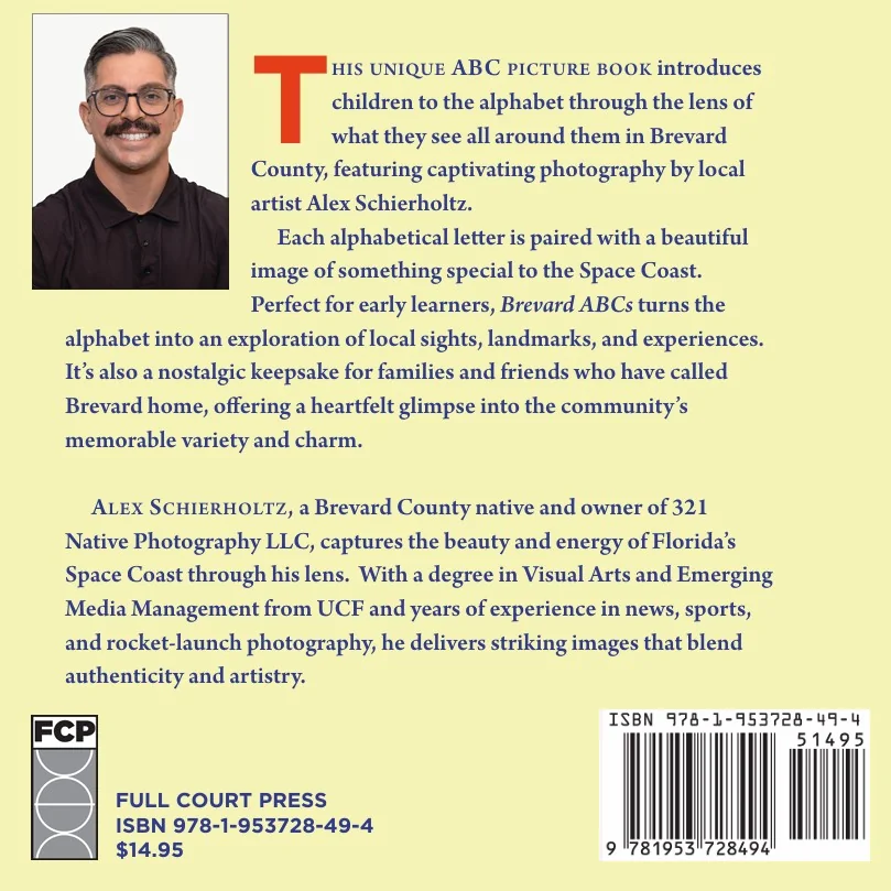 Brevard ABCs back cover — book description and author bio for Alex Schierholtz